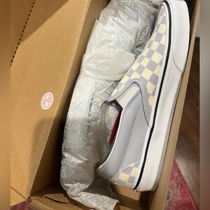 NWT Vans gray checkerboard slip ons
